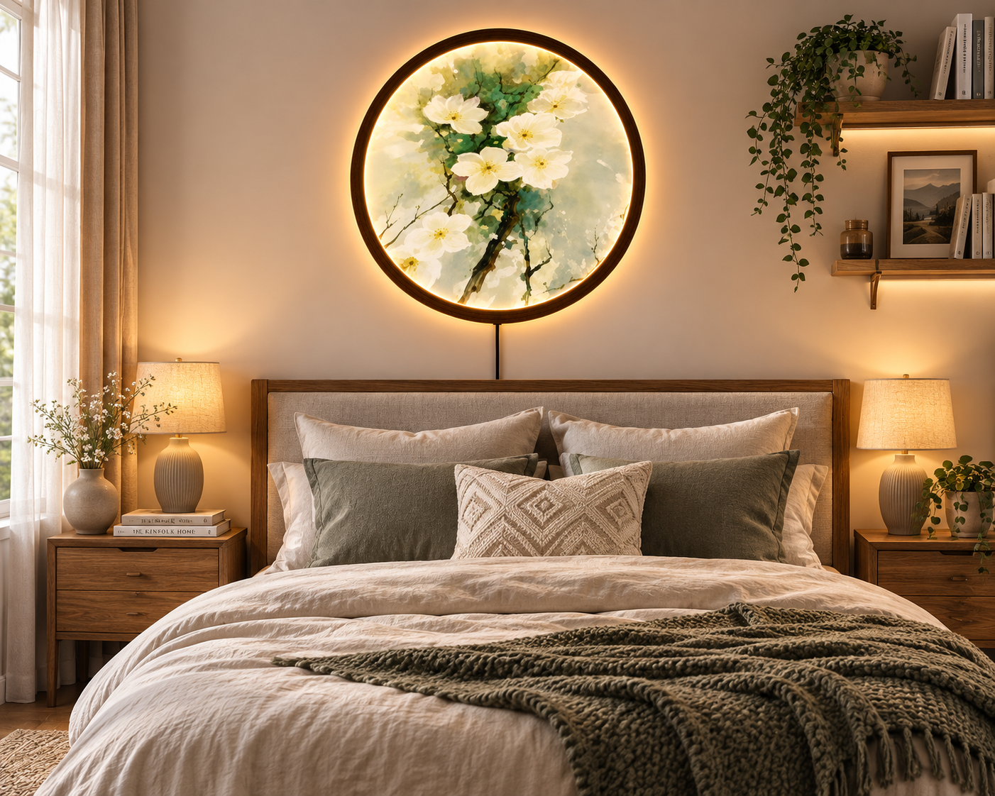 White Blossom LED Wall Art, Floral Lighted Wall Decor, Botanical Flower Wall Art, Round Nature Wall Light, Cottagecore Home Decor