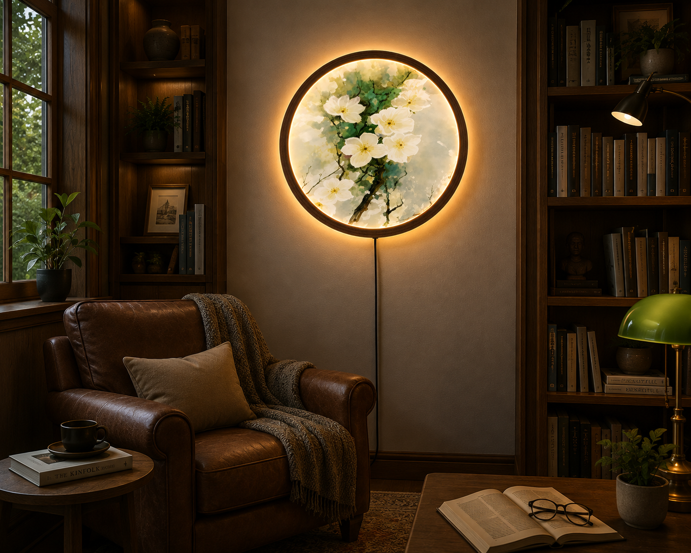 White Blossom LED Wall Art, Floral Lighted Wall Decor, Botanical Flower Wall Art, Round Nature Wall Light, Cottagecore Home Decor