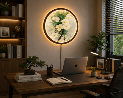 White Blossom LED Wall Art, Floral Lighted Wall Decor, Botanical Flower Wall Art, Round Nature Wall Light, Cottagecore Home Decor