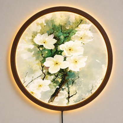 White Blossom LED Wall Art, Floral Lighted Wall Decor, Botanical Flower Wall Art, Round Nature Wall Light, Cottagecore Home Decor