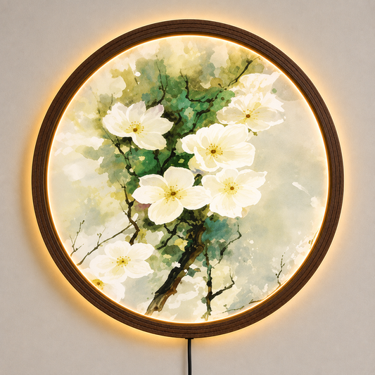 White Blossom LED Wall Art, Floral Lighted Wall Decor, Botanical Flower Wall Art, Round Nature Wall Light, Cottagecore Home Decor
