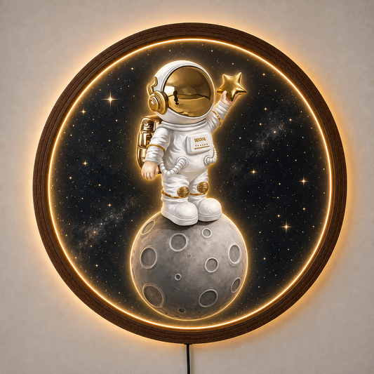 Astronaut LED Wall Art, Space Galaxy Wall Light, Moon and Stars Decor, Round Lighted Wall Art, Space Lover Gift, Kids Room Decor