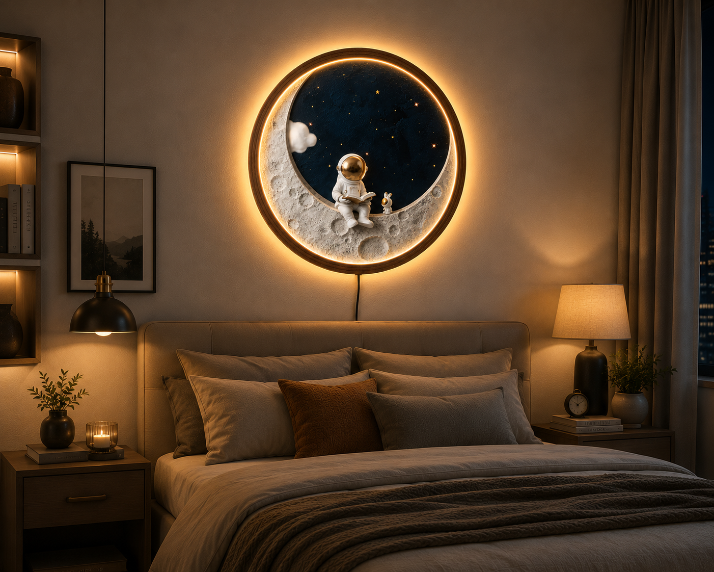 Astronaut Moon LED Wall Art, Space Reading Decor, Crescent Moon Wall Light, Galaxy Stars Wall Art, Kids Room Decor, Space Lover Gift