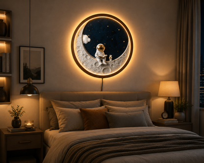 Astronaut Moon LED Wall Art, Space Reading Decor, Crescent Moon Wall Light, Galaxy Stars Wall Art, Kids Room Decor, Space Lover Gift