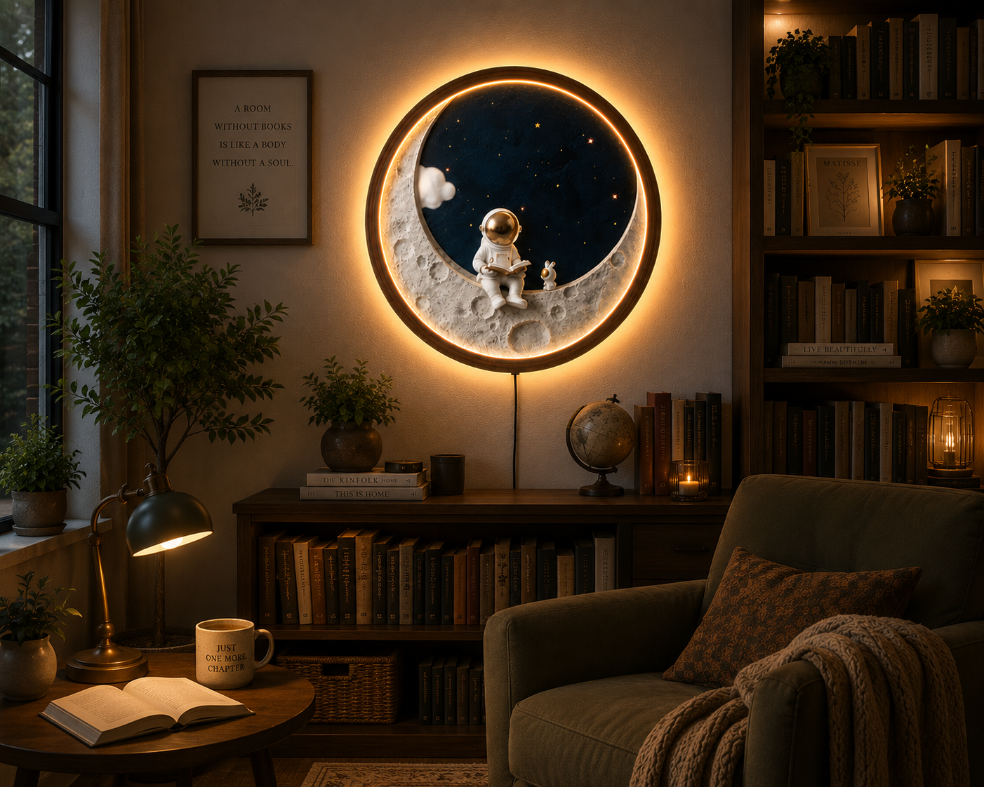 Astronaut Moon LED Wall Art, Space Reading Decor, Crescent Moon Wall Light, Galaxy Stars Wall Art, Kids Room Decor, Space Lover Gift
