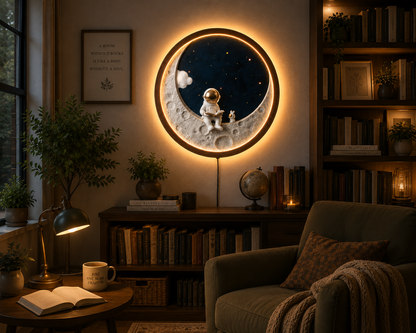 Astronaut Moon LED Wall Art, Space Reading Decor, Crescent Moon Wall Light, Galaxy Stars Wall Art, Kids Room Decor, Space Lover Gift
