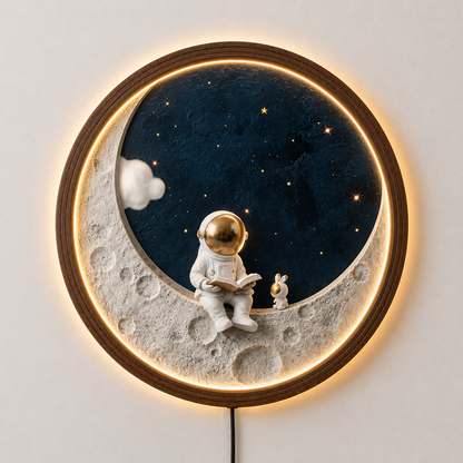 Astronaut Moon LED Wall Art, Space Reading Decor, Crescent Moon Wall Light, Galaxy Stars Wall Art, Kids Room Decor, Space Lover Gift