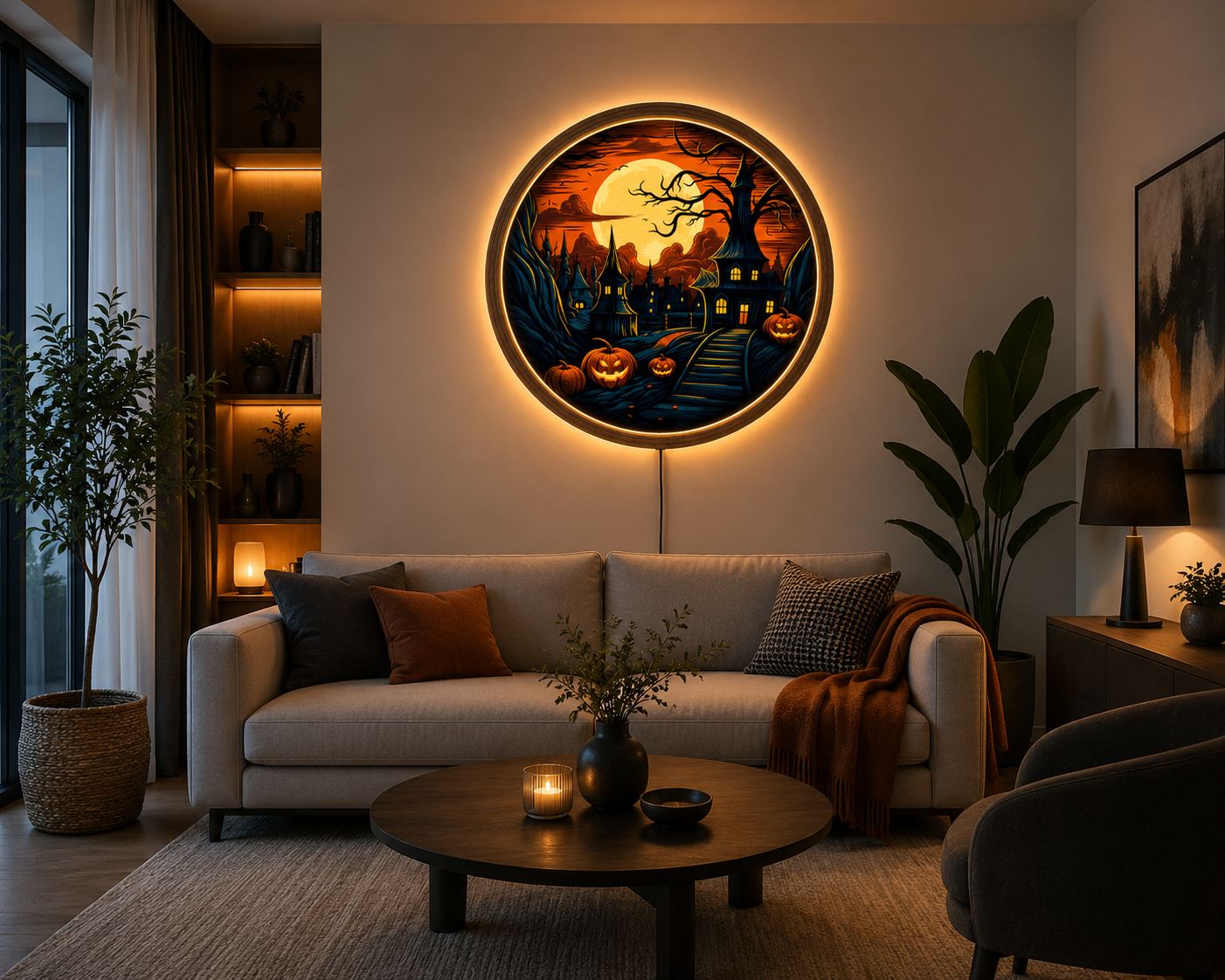 Halloween Haunted House LED Wall Art, Pumpkin Moon Wall Decor, Spooky Gothic Wall Light, Round Halloween Decor, Witchy Home Decor