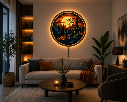 Halloween Haunted House LED Wall Art, Pumpkin Moon Wall Decor, Spooky Gothic Wall Light, Round Halloween Decor, Witchy Home Decor