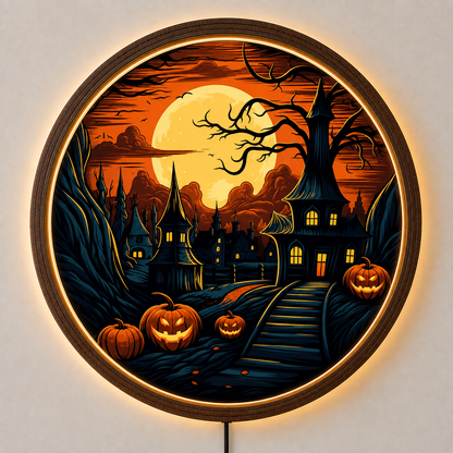 Halloween Haunted House LED Wall Art, Pumpkin Moon Wall Decor, Spooky Gothic Wall Light, Round Halloween Decor, Witchy Home Decor