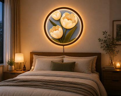 White Tulip LED Wall Art, Floral Lighted Wall Decor, Round Flower Wall Light, Botanical Home Decor, Elegant Flower Art, Nature Lover Gift