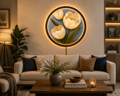 White Tulip LED Wall Art, Floral Lighted Wall Decor, Round Flower Wall Light, Botanical Home Decor, Elegant Flower Art, Nature Lover Gift