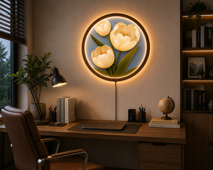 White Tulip LED Wall Art, Floral Lighted Wall Decor, Round Flower Wall Light, Botanical Home Decor, Elegant Flower Art, Nature Lover Gift