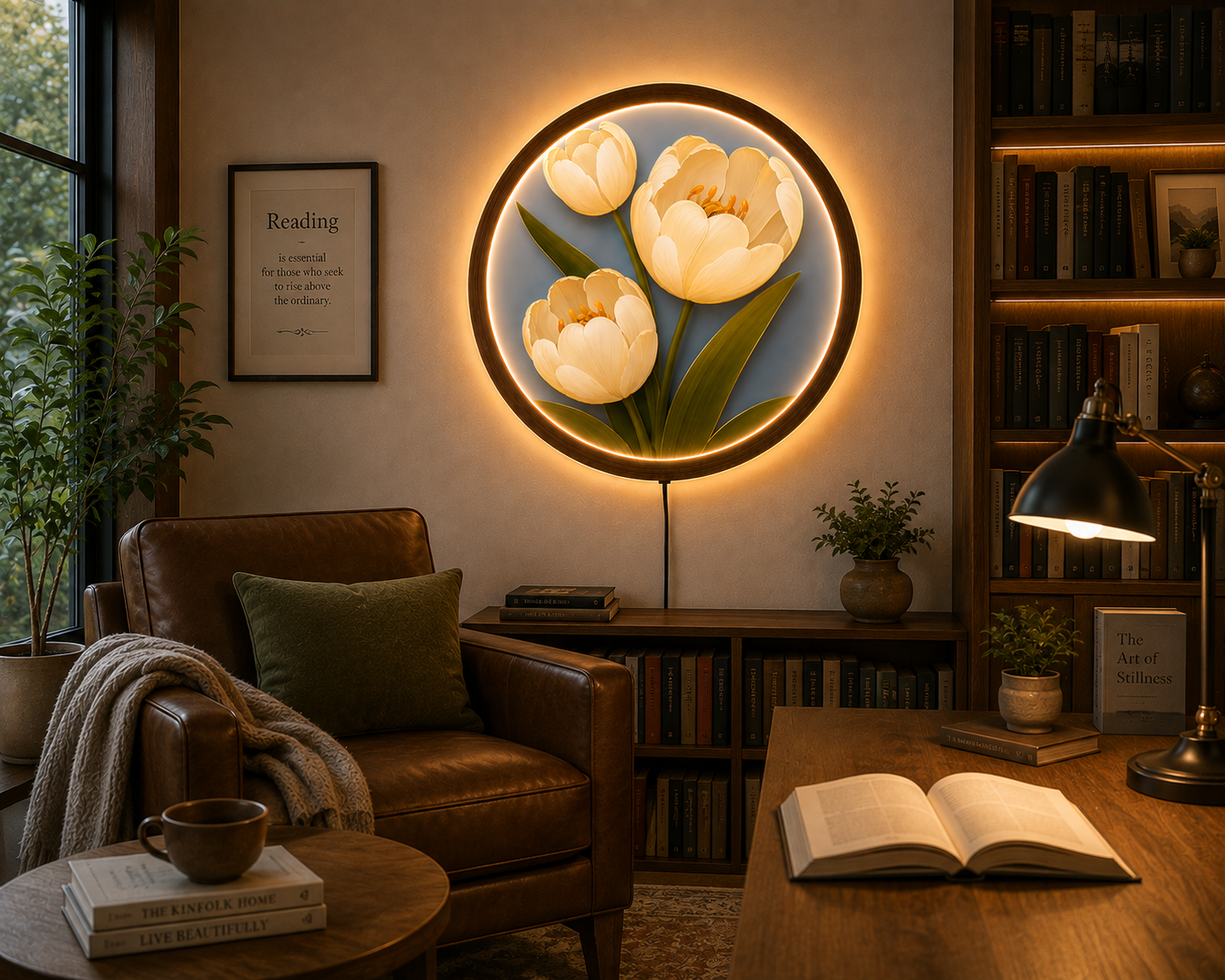 White Tulip LED Wall Art, Floral Lighted Wall Decor, Round Flower Wall Light, Botanical Home Decor, Elegant Flower Art, Nature Lover Gift