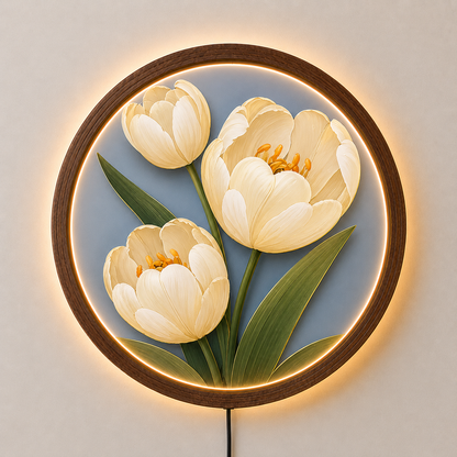 White Tulip LED Wall Art, Floral Lighted Wall Decor, Round Flower Wall Light, Botanical Home Decor, Elegant Flower Art, Nature Lover Gift