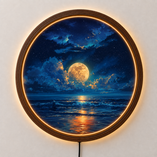Moon Ocean LED Wall Art, Full Moon Seascape Wall Decor, Round Lighted Wall Art, Night Sky Wall Light, Coastal Celestial Home Decor