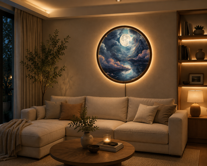 Moon Mountain LED Wall Art, Full Moon Landscape Wall Decor, Round Lighted Wall Art, Celestial Night Sky Decor, Mountain Lover Gift