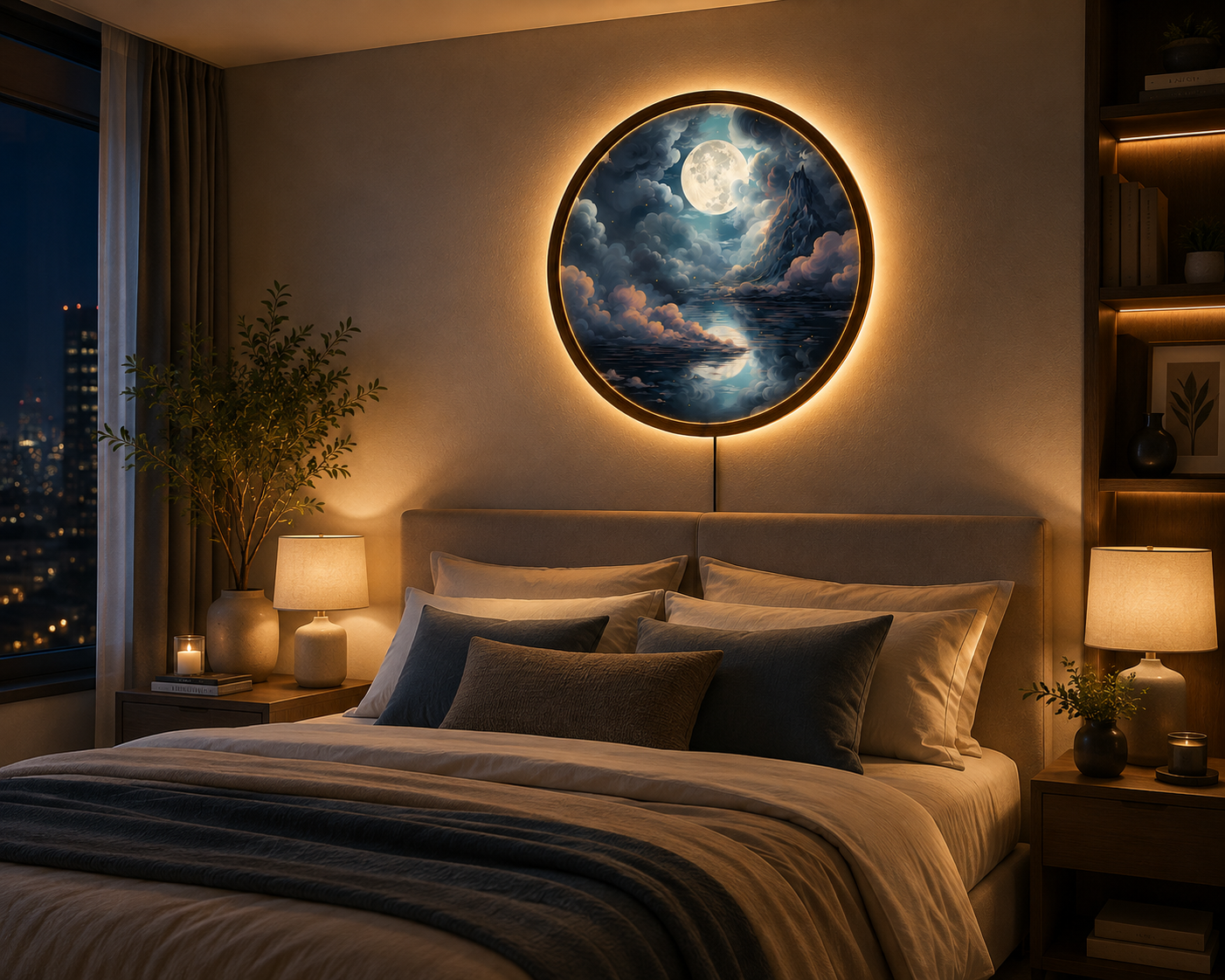 Moon Mountain LED Wall Art, Full Moon Landscape Wall Decor, Round Lighted Wall Art, Celestial Night Sky Decor, Mountain Lover Gift