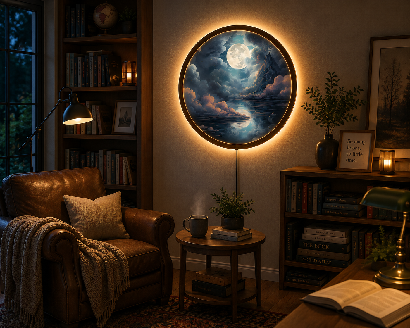 Moon Mountain LED Wall Art, Full Moon Landscape Wall Decor, Round Lighted Wall Art, Celestial Night Sky Decor, Mountain Lover Gift