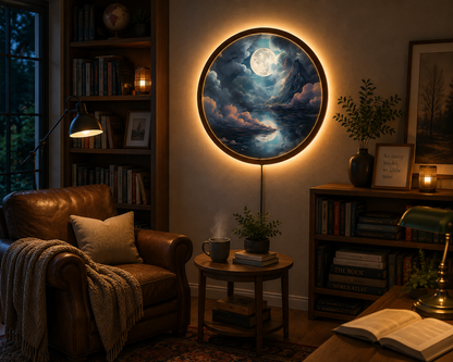 Moon Mountain LED Wall Art, Full Moon Landscape Wall Decor, Round Lighted Wall Art, Celestial Night Sky Decor, Mountain Lover Gift