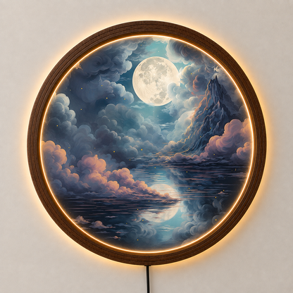 Moon Mountain LED Wall Art, Full Moon Landscape Wall Decor, Round Lighted Wall Art, Celestial Night Sky Decor, Mountain Lover Gift