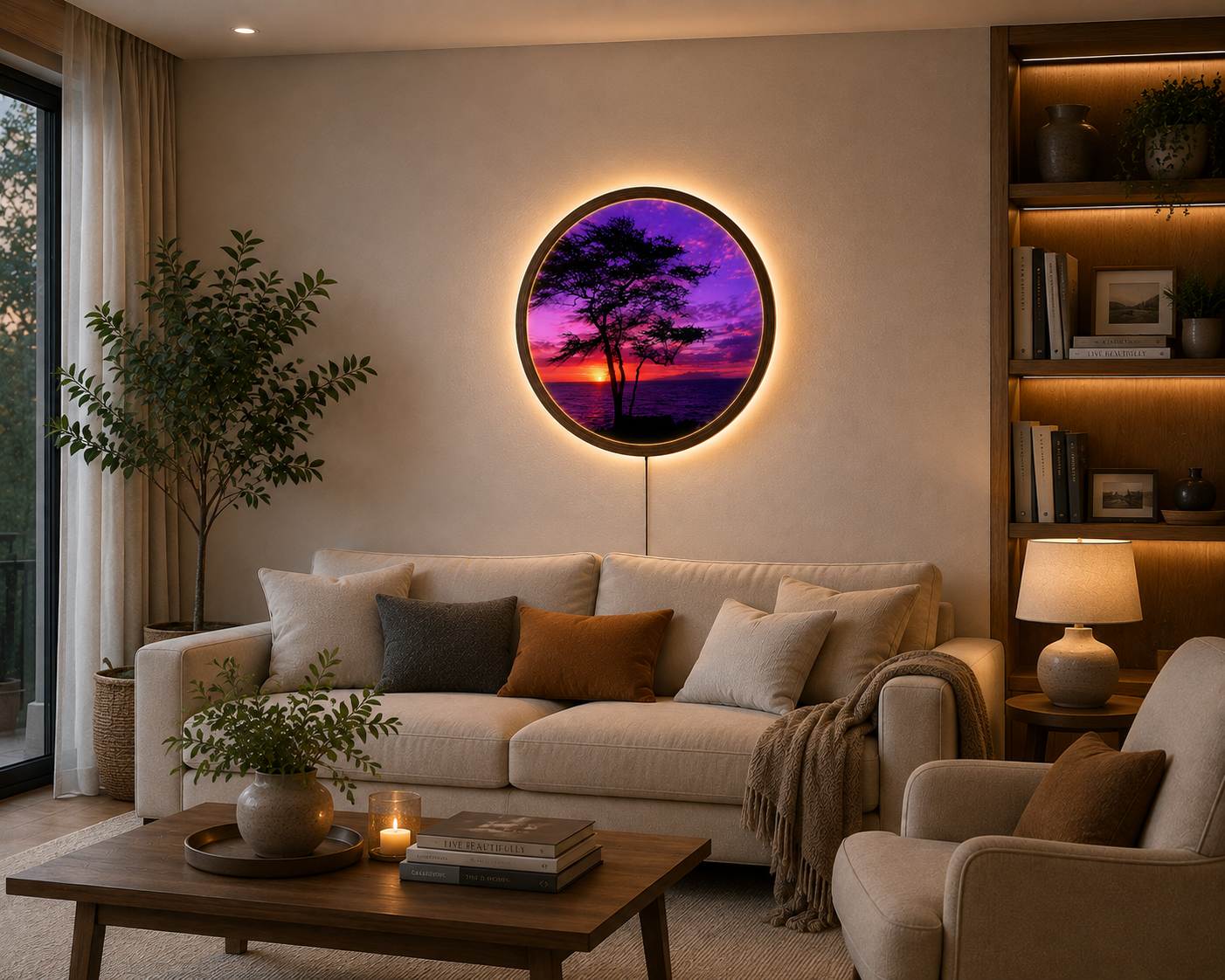 Purple Sunset LED Wall Art, Ocean Sunset Wall Decor, Tree Silhouette Lighted Wall Art, Round Coastal Wall Light, Nature Lover Gift