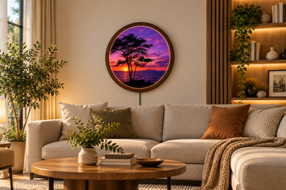 Purple Sunset LED Wall Art, Ocean Sunset Wall Decor, Tree Silhouette Lighted Wall Art, Round Coastal Wall Light, Nature Lover Gift