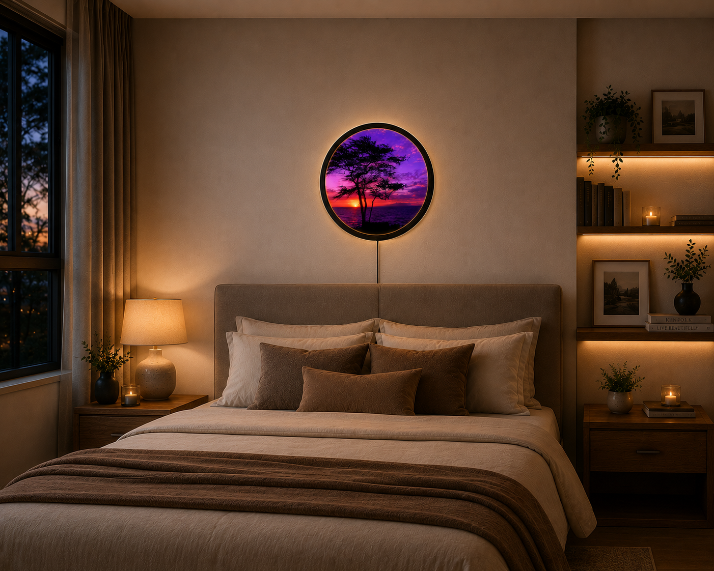 Purple Sunset LED Wall Art, Ocean Sunset Wall Decor, Tree Silhouette Lighted Wall Art, Round Coastal Wall Light, Nature Lover Gift