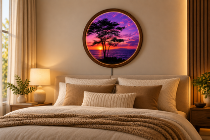 Purple Sunset LED Wall Art, Ocean Sunset Wall Decor, Tree Silhouette Lighted Wall Art, Round Coastal Wall Light, Nature Lover Gift