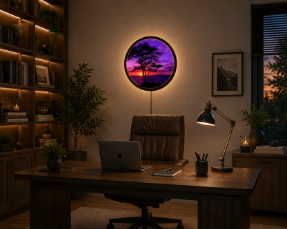 Purple Sunset LED Wall Art, Ocean Sunset Wall Decor, Tree Silhouette Lighted Wall Art, Round Coastal Wall Light, Nature Lover Gift
