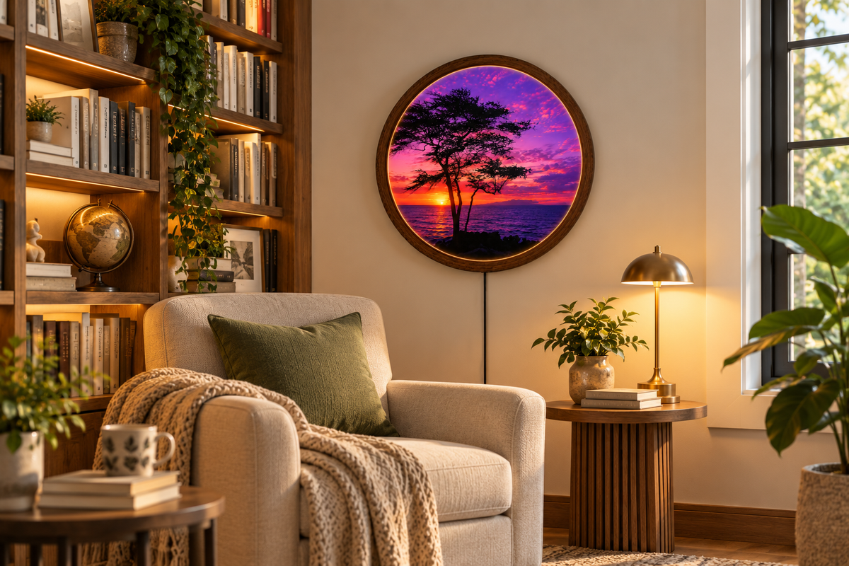 Purple Sunset LED Wall Art, Ocean Sunset Wall Decor, Tree Silhouette Lighted Wall Art, Round Coastal Wall Light, Nature Lover Gift