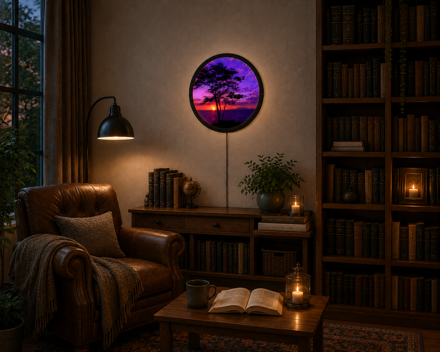 Purple Sunset LED Wall Art, Ocean Sunset Wall Decor, Tree Silhouette Lighted Wall Art, Round Coastal Wall Light, Nature Lover Gift