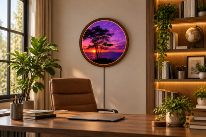 Purple Sunset LED Wall Art, Ocean Sunset Wall Decor, Tree Silhouette Lighted Wall Art, Round Coastal Wall Light, Nature Lover Gift