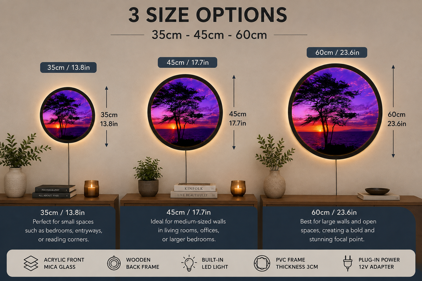Purple Sunset LED Wall Art, Ocean Sunset Wall Decor, Tree Silhouette Lighted Wall Art, Round Coastal Wall Light, Nature Lover Gift