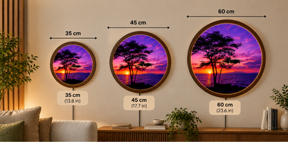 Purple Sunset LED Wall Art, Ocean Sunset Wall Decor, Tree Silhouette Lighted Wall Art, Round Coastal Wall Light, Nature Lover Gift