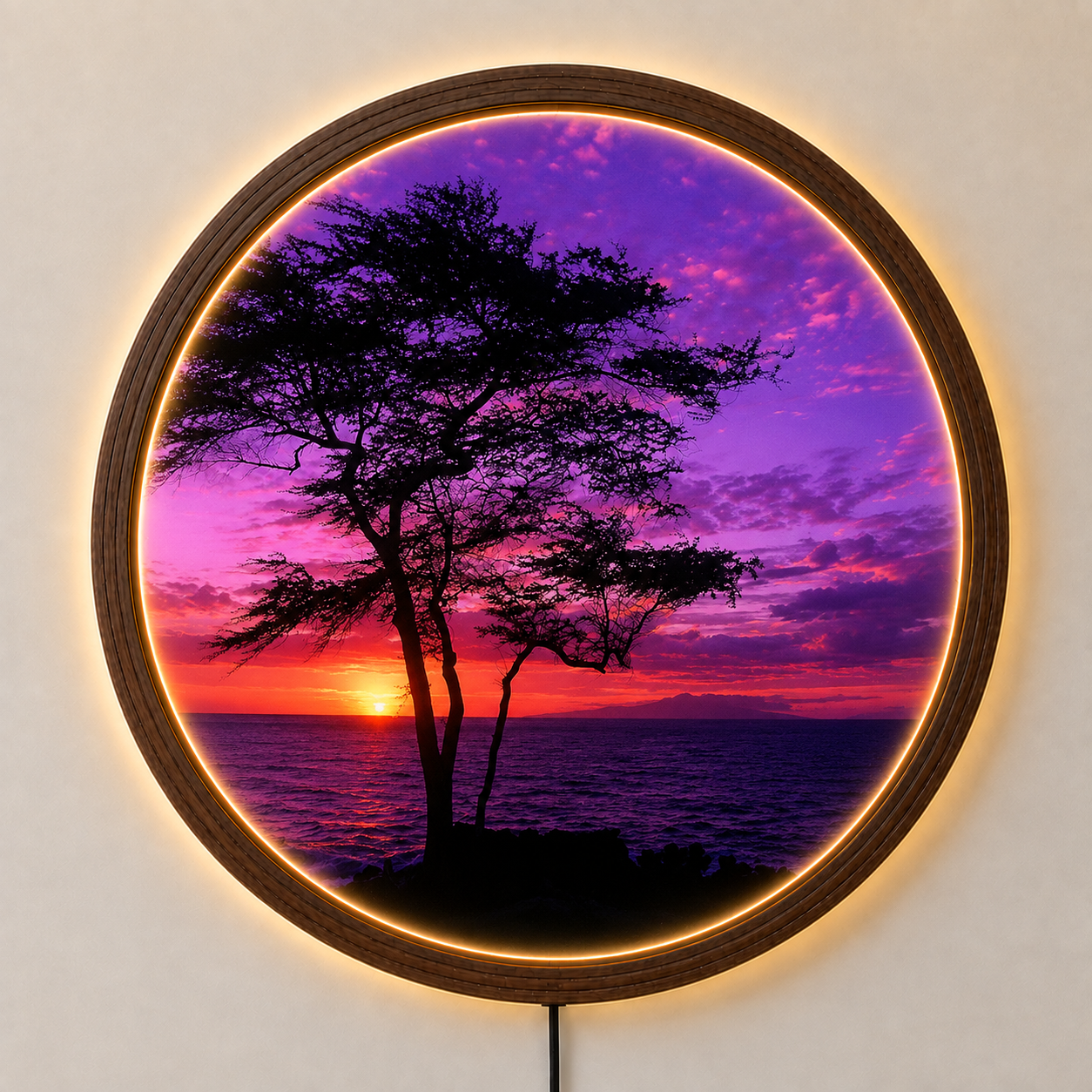 Purple Sunset LED Wall Art, Ocean Sunset Wall Decor, Tree Silhouette Lighted Wall Art, Round Coastal Wall Light, Nature Lover Gift