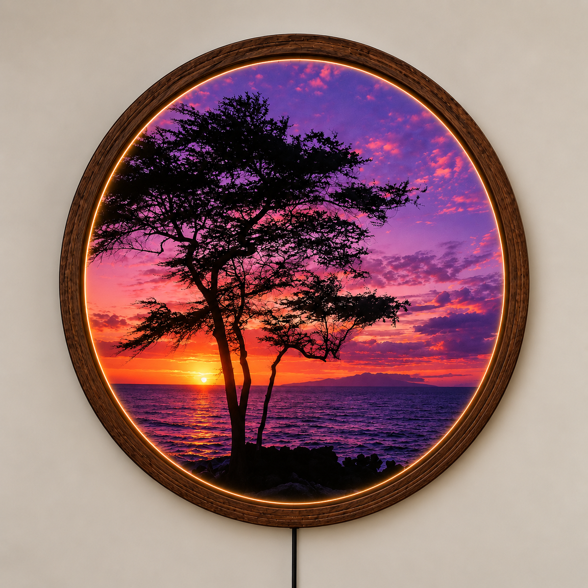 Purple Sunset LED Wall Art, Ocean Sunset Wall Decor, Tree Silhouette Lighted Wall Art, Round Coastal Wall Light, Nature Lover Gift