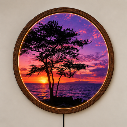 Purple Sunset LED Wall Art, Ocean Sunset Wall Decor, Tree Silhouette Lighted Wall Art, Round Coastal Wall Light, Nature Lover Gift