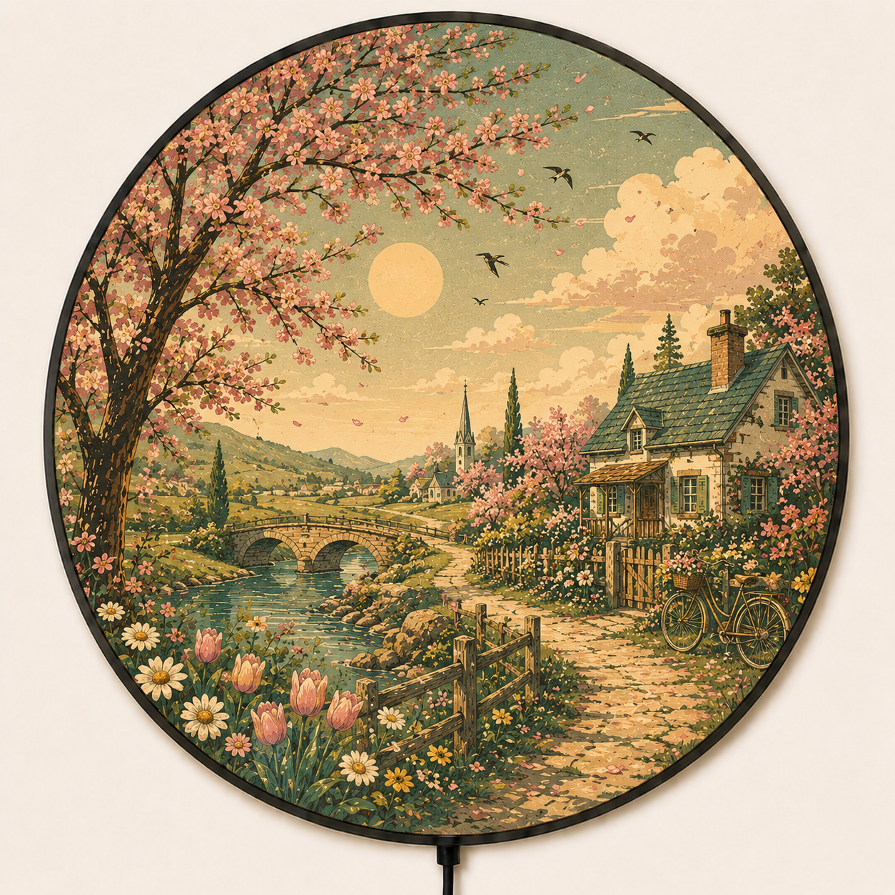 Spring Countryside LED Wall Art, Retro Floral Acrylic Light Sign