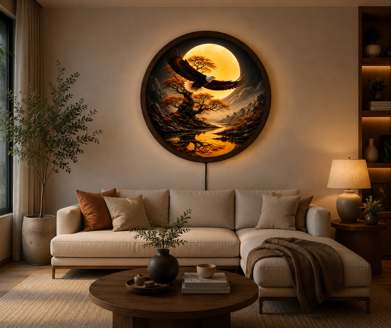 Bald Eagle Moon LED Wall Art, Mountain Landscape, Wildlife Decor (Round)
