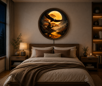 Bald Eagle Moon LED Wall Art, Mountain Landscape, Wildlife Decor (Round)