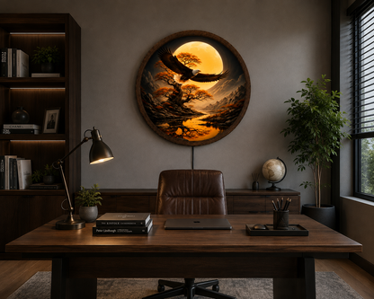 Bald Eagle Moon LED Wall Art, Mountain Landscape, Wildlife Decor (Round)