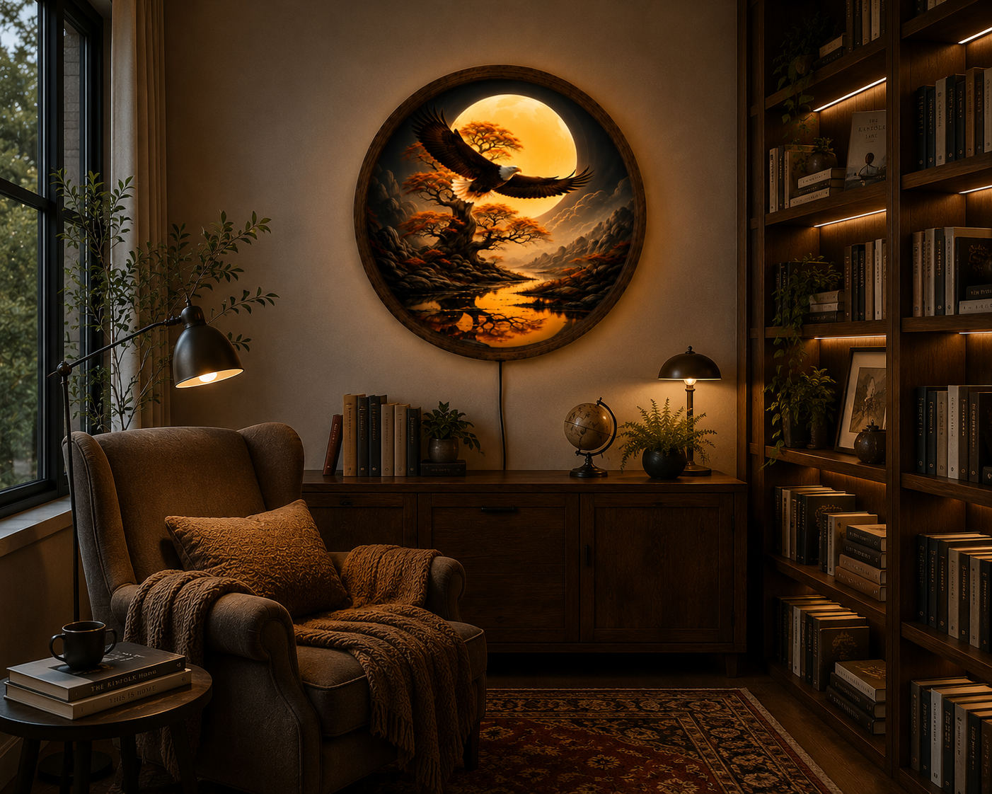 Bald Eagle Moon LED Wall Art, Mountain Landscape, Wildlife Decor (Round)
