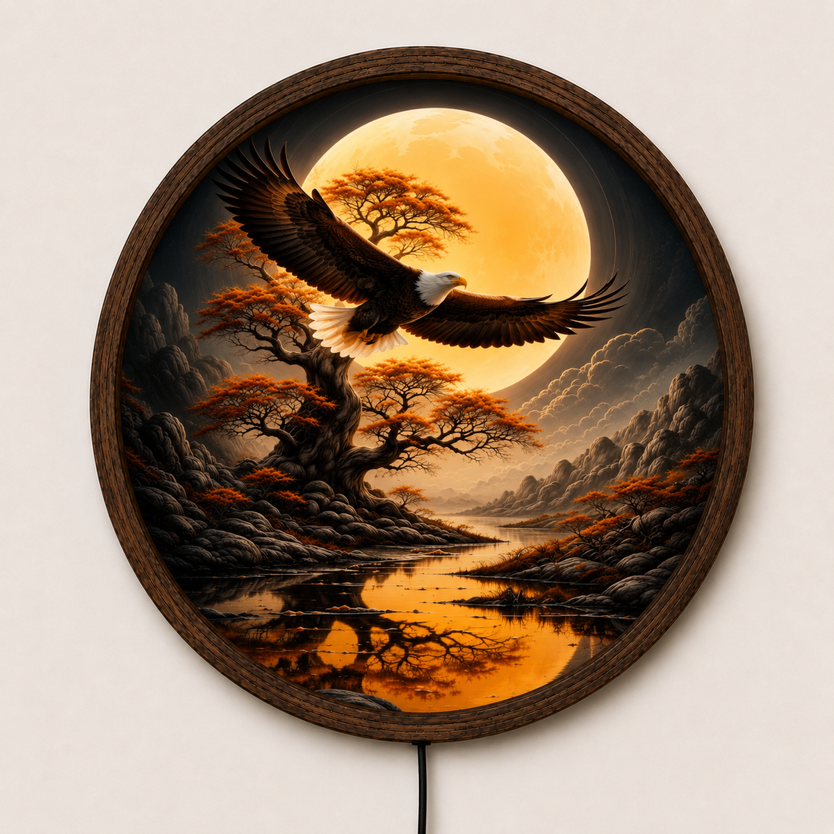 Bald Eagle Moon LED Wall Art, Mountain Landscape, Wildlife Decor (Round)