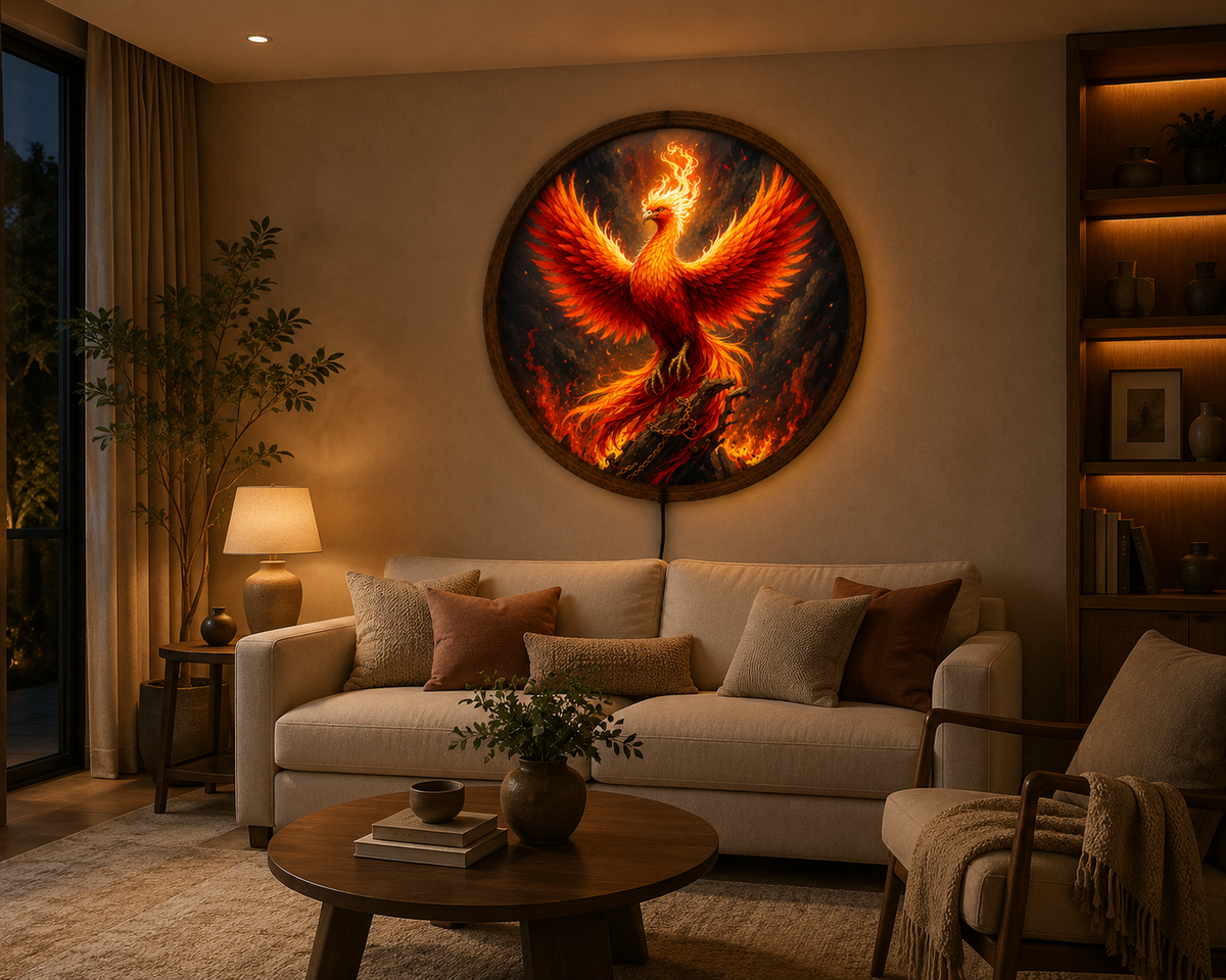 Phoenix LED Wall Art, Fire Bird Fantasy Decor, Round Flame Art (35-60cm)
