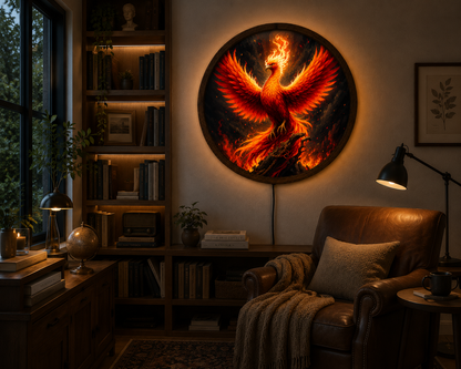 Phoenix LED Wall Art, Fire Bird Fantasy Decor, Round Flame Art (35-60cm)