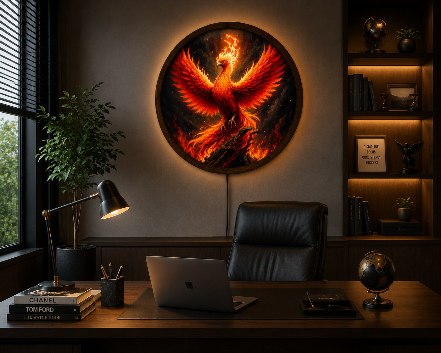 Phoenix LED Wall Art, Fire Bird Fantasy Decor, Round Flame Art (35-60cm)