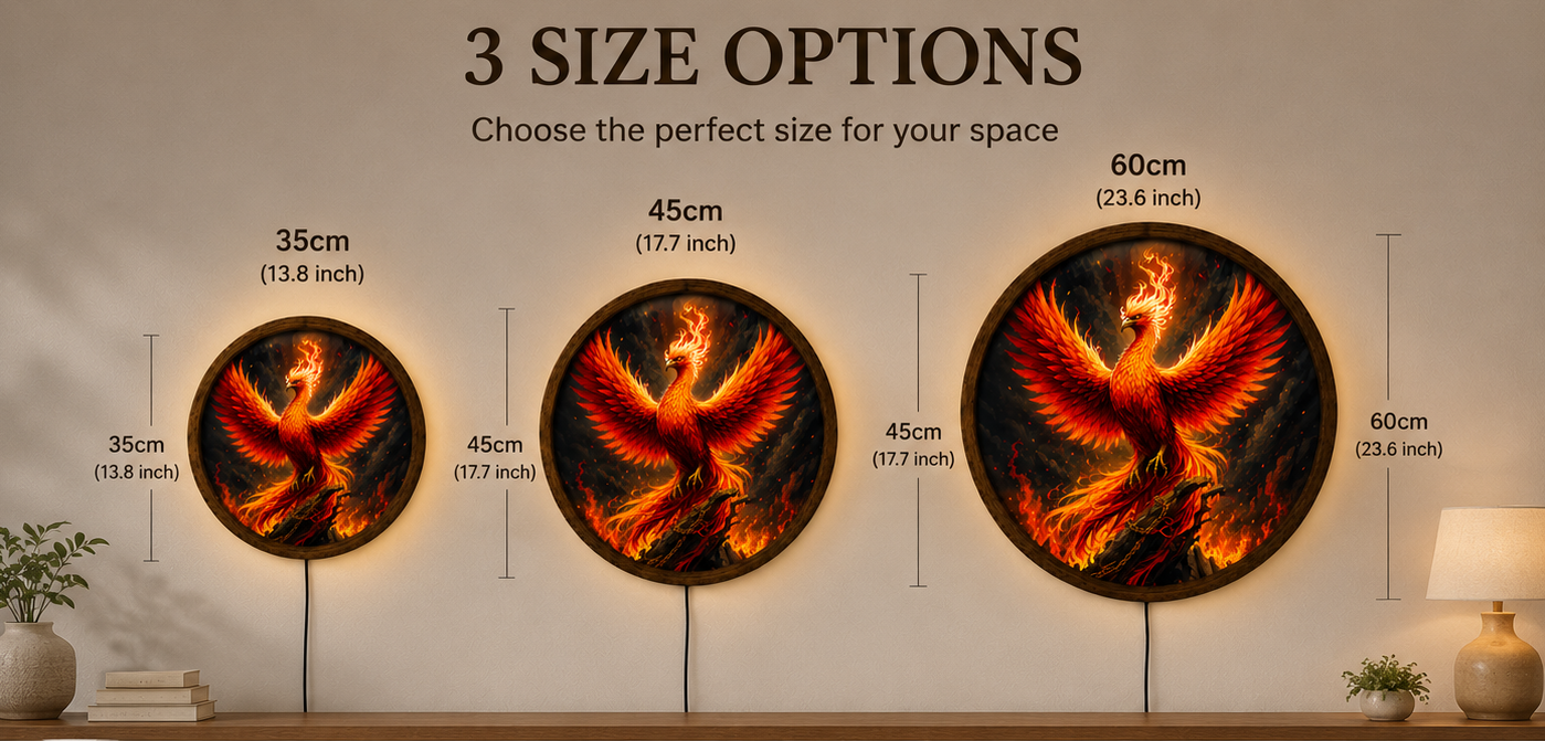 Phoenix LED Wall Art, Fire Bird Fantasy Decor, Round Flame Art (35-60cm)