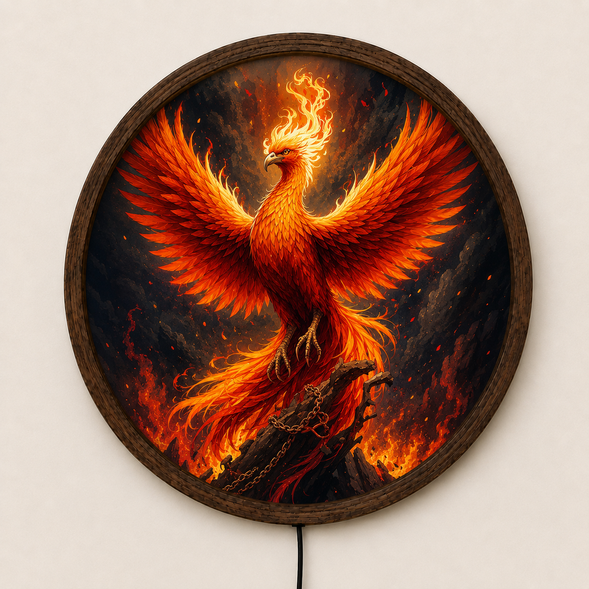 Phoenix LED Wall Art, Fire Bird Fantasy Decor, Round Flame Art (35-60cm)