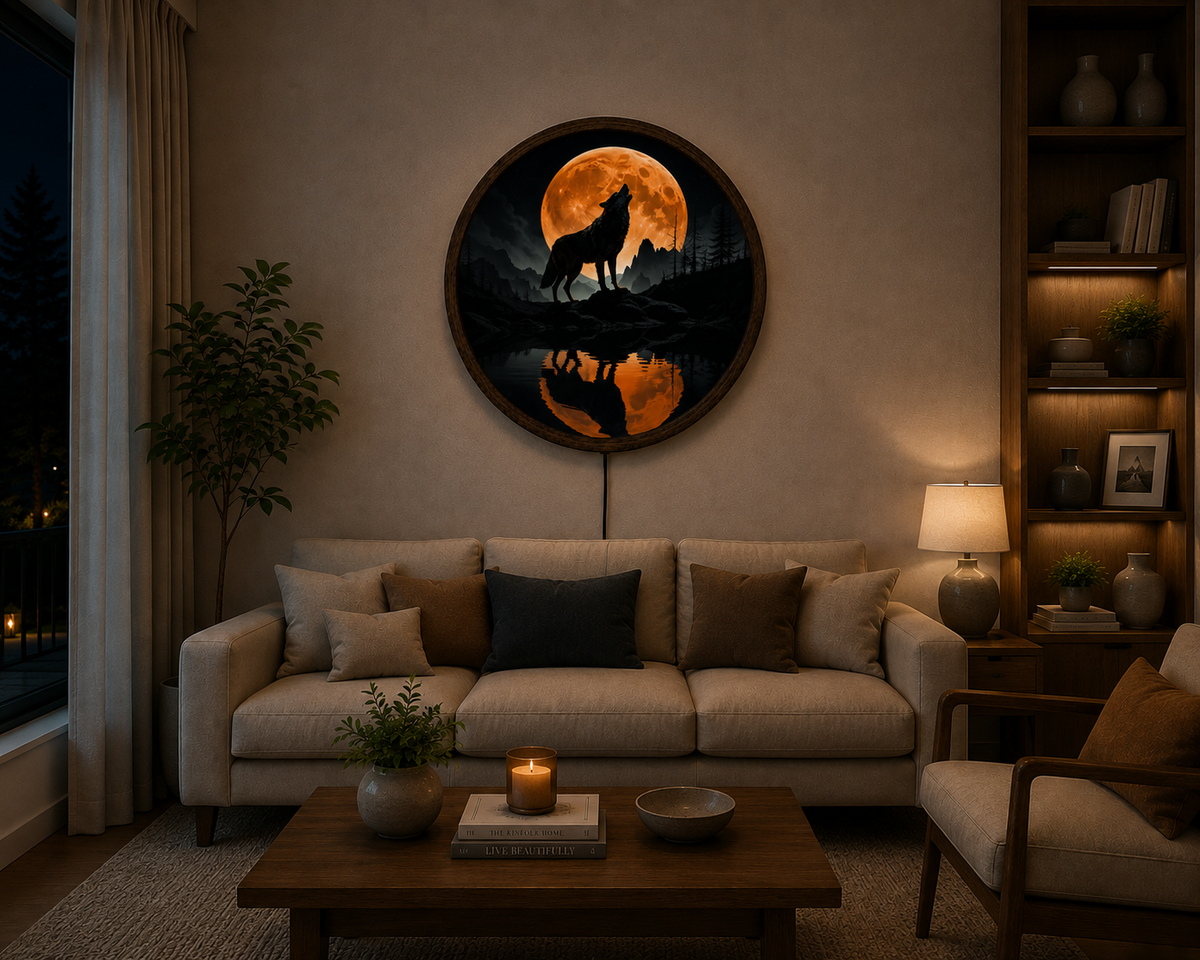 Howling Wolf LED Wall Art, Full Moon Wolf Wall Decor, Mountain Forest Lighted Art, Wildlife Wall Decor, Wolf Lover Gift